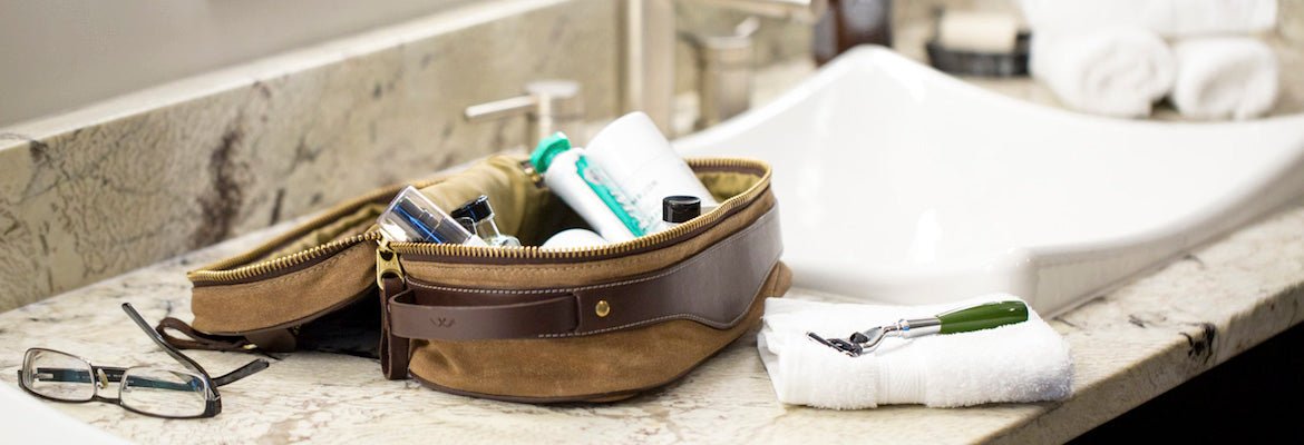 Mission Mercantile leather travel dopp kit in brown leather