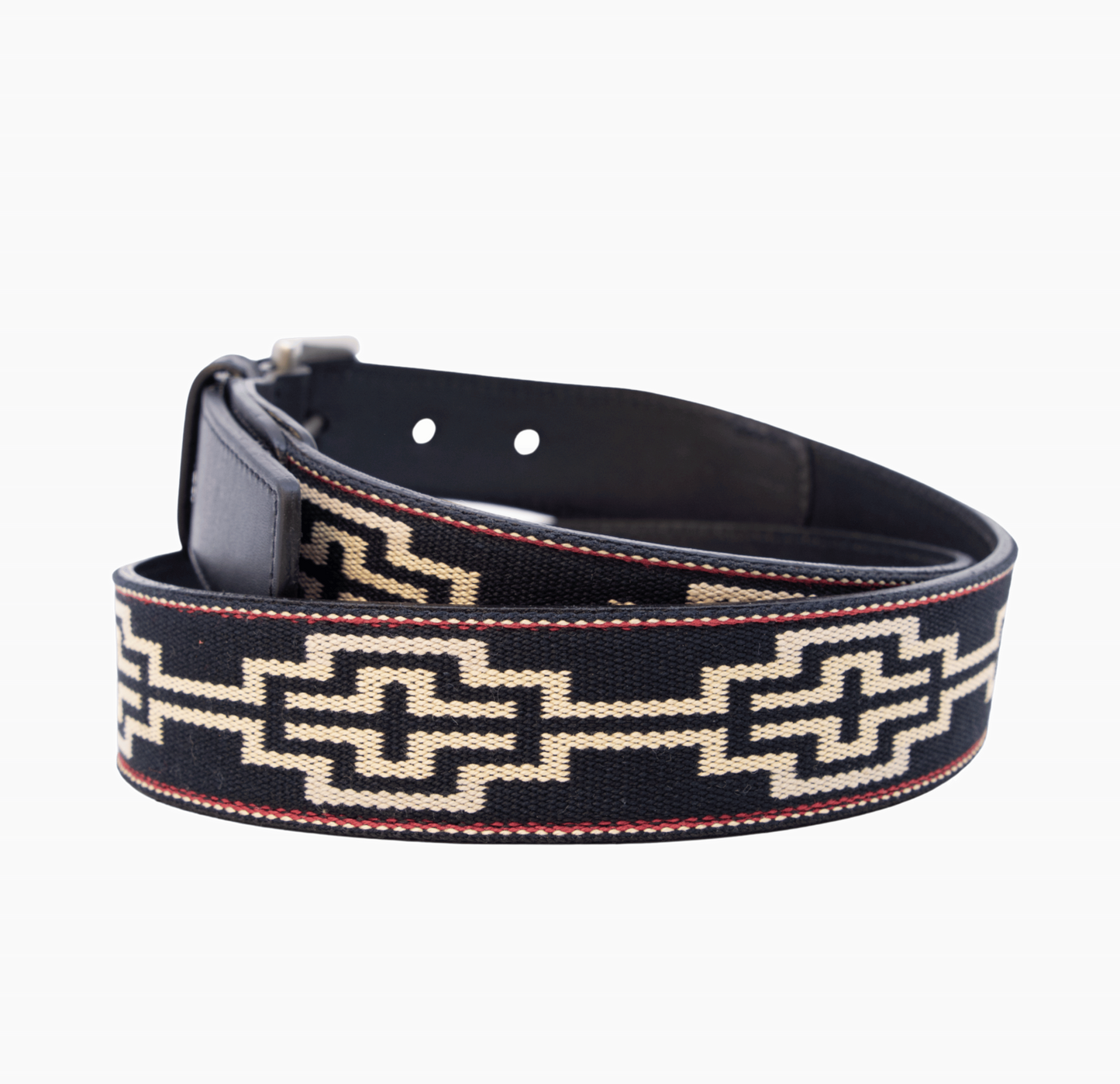 A black leather belt with a black, white, khaki & red woven geometric pattern and nickel-matte solide brass buckle.