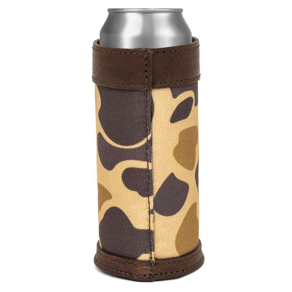 Campaign Leather Slim Can Koozie-Accessories > Beverage Carriers & Coolers > Leather-Vintage Camo-Mission Mercantile Leather Goods