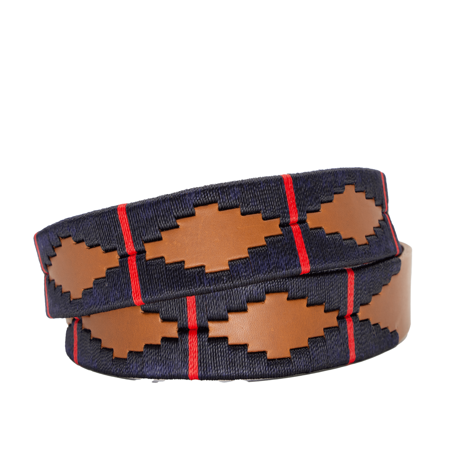 A brown leather belt with a red and deep navy woven geometric pattern and solid brass buckle.