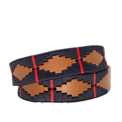 A brown leather belt with a red and deep navy woven geometric pattern and solid brass buckle.