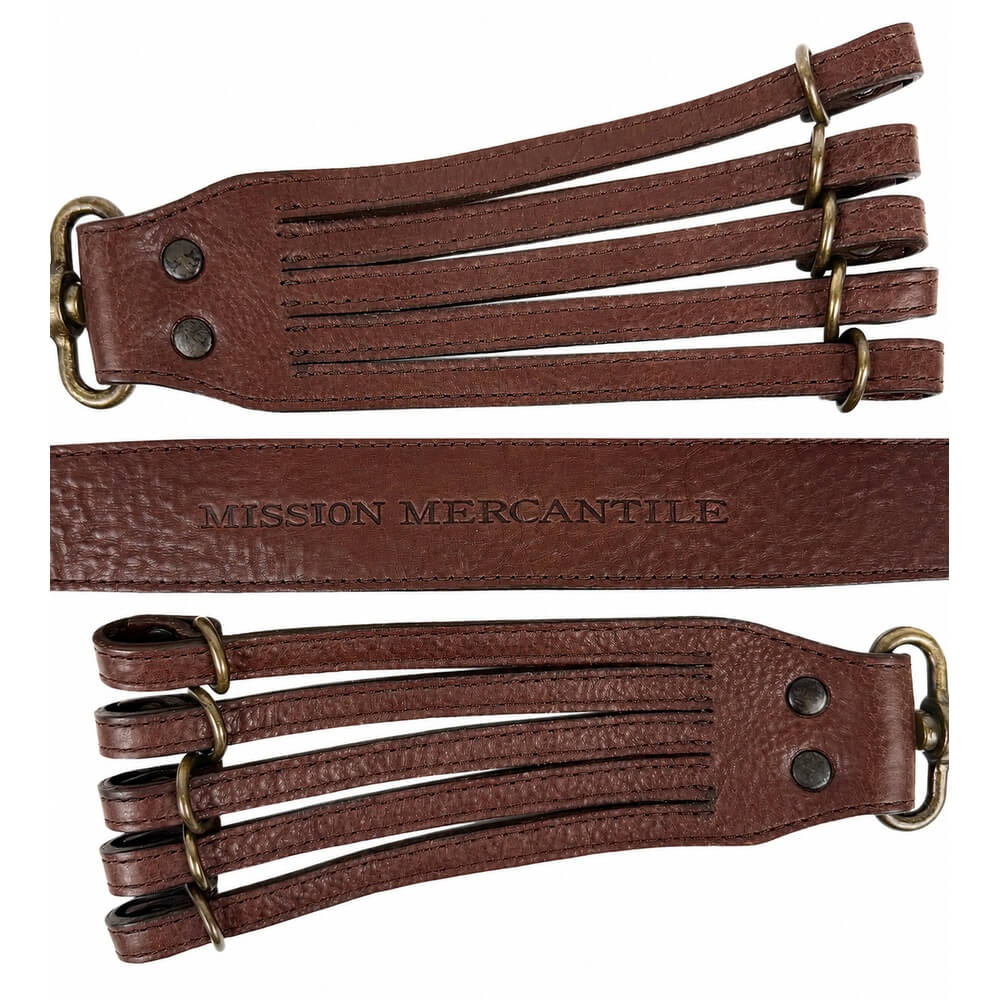 A pair of dark brown leather five bird loop drops, connect with a leather strap with antique brass metal clasps and rings.