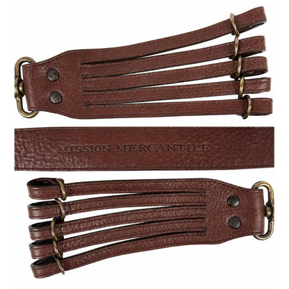 A pair of dark brown leather five bird loop drops, connect with a leather strap with antique brass metal clasps and rings.