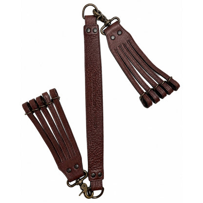 A pair of dark brown leather five bird loop drops, connect with a leather strap with antique brass metal clasps and rings.