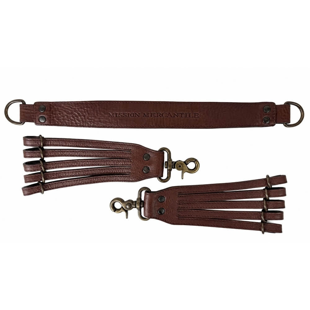 A set of two 5 bird dark brown leather loop drops with antique brass swivel clasps, including a single strap with 'MISSION MERCANTILE' embossed.