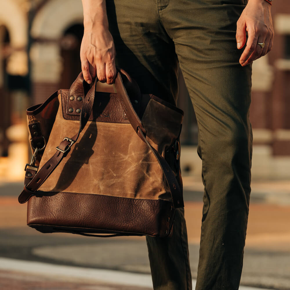 brown leather travel tote bag Heritage Waxed Canvas Medium Ice Block Tote Bag