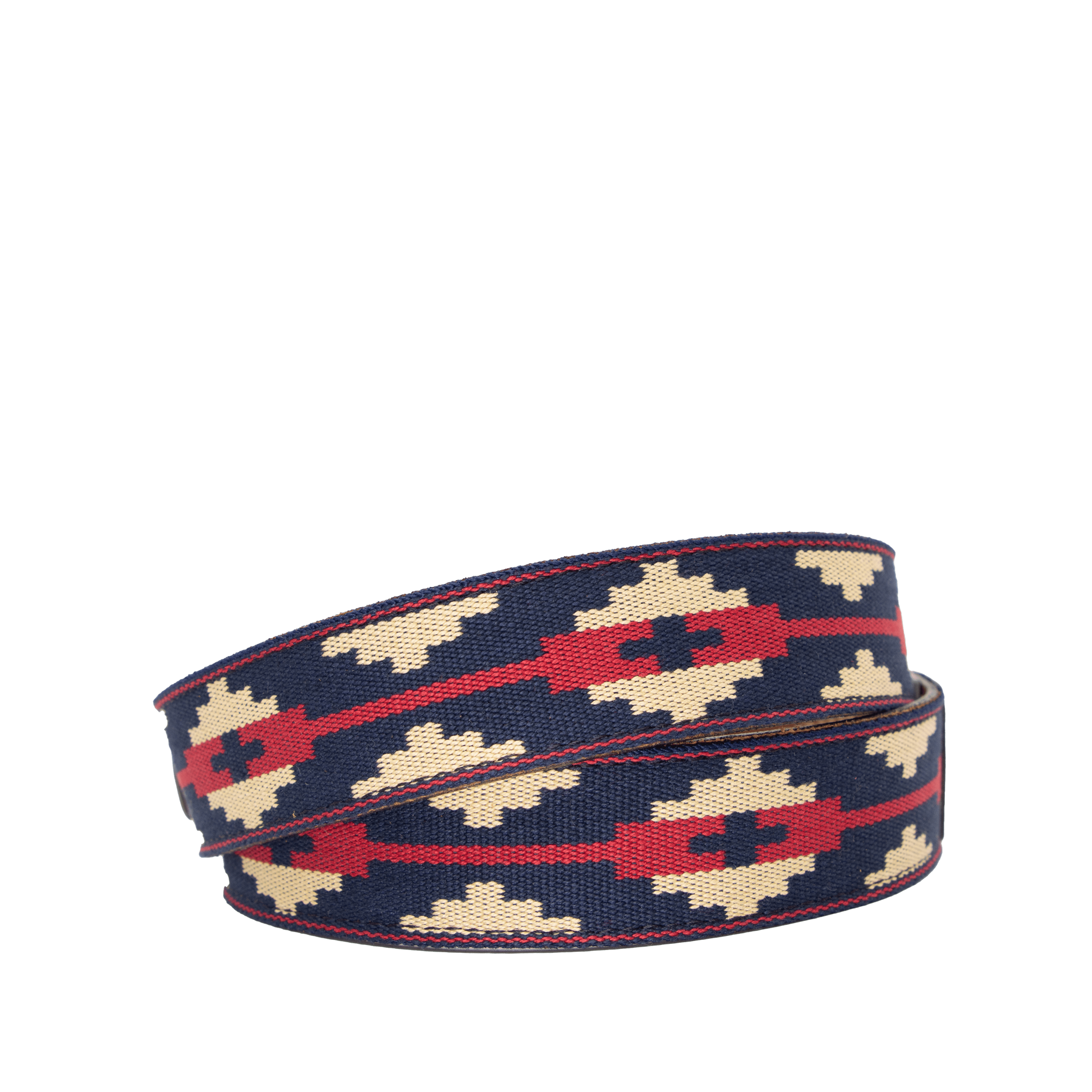 Navy blue, red, and beige patterned brown leather belt with a nickle metal buckle.