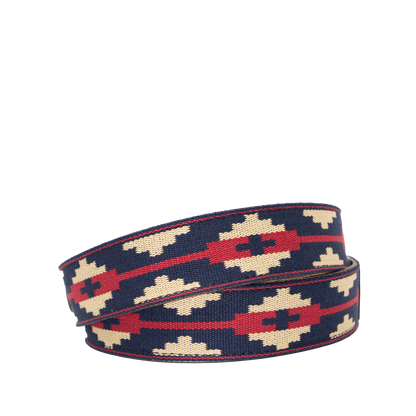Navy blue, red, and beige patterned brown leather belt with a nickle metal buckle.