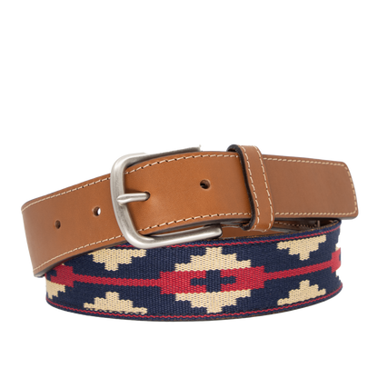 Navy blue, red, and beige patterned brown leather belt with a nickle metal buckle.