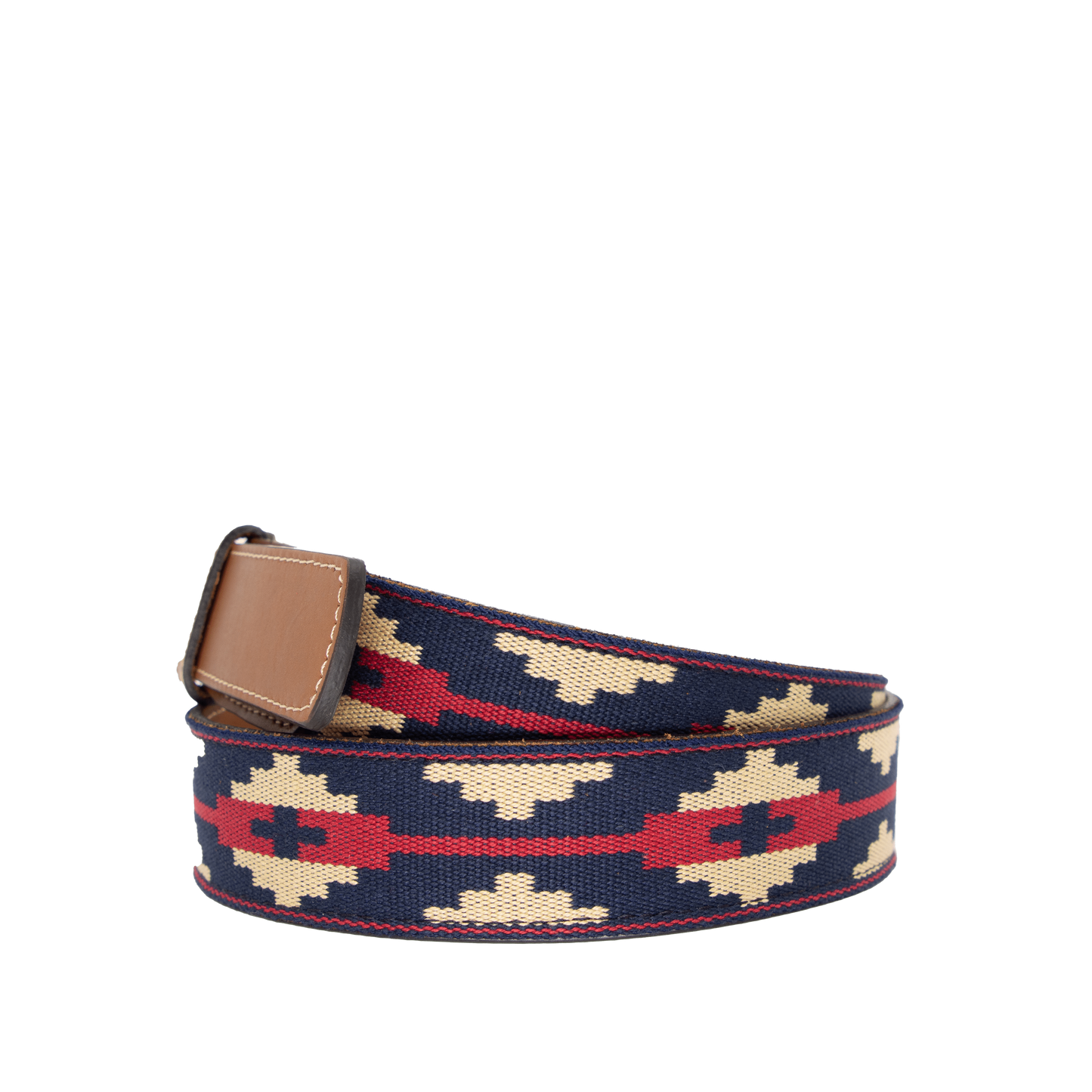 Navy blue, red, and beige patterned brown leather belt with a nickle metal buckle.