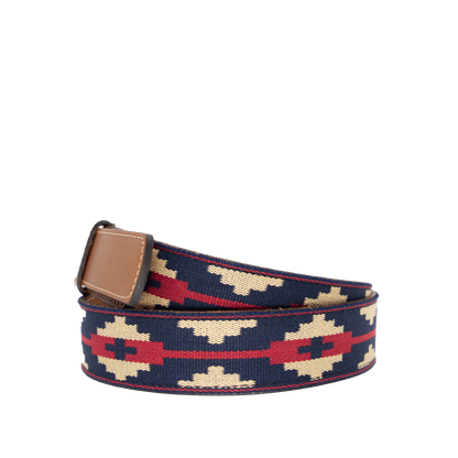 Navy blue, red, and beige patterned brown leather belt with a nickle metal buckle.