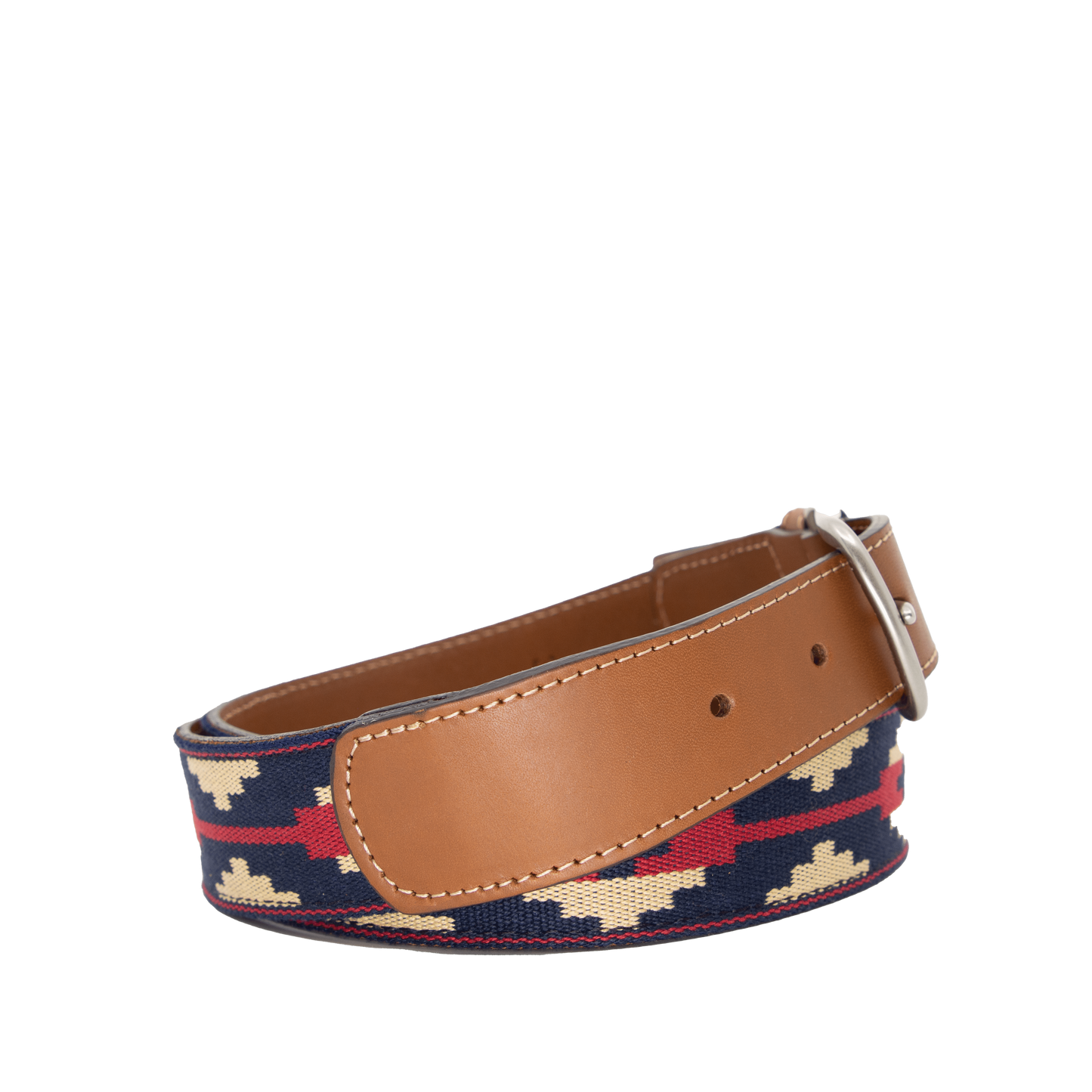 Navy blue, red, and beige patterned brown leather belt with a nickle metal buckle.