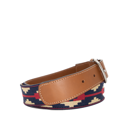 Navy blue, red, and beige patterned brown leather belt with a nickle metal buckle.