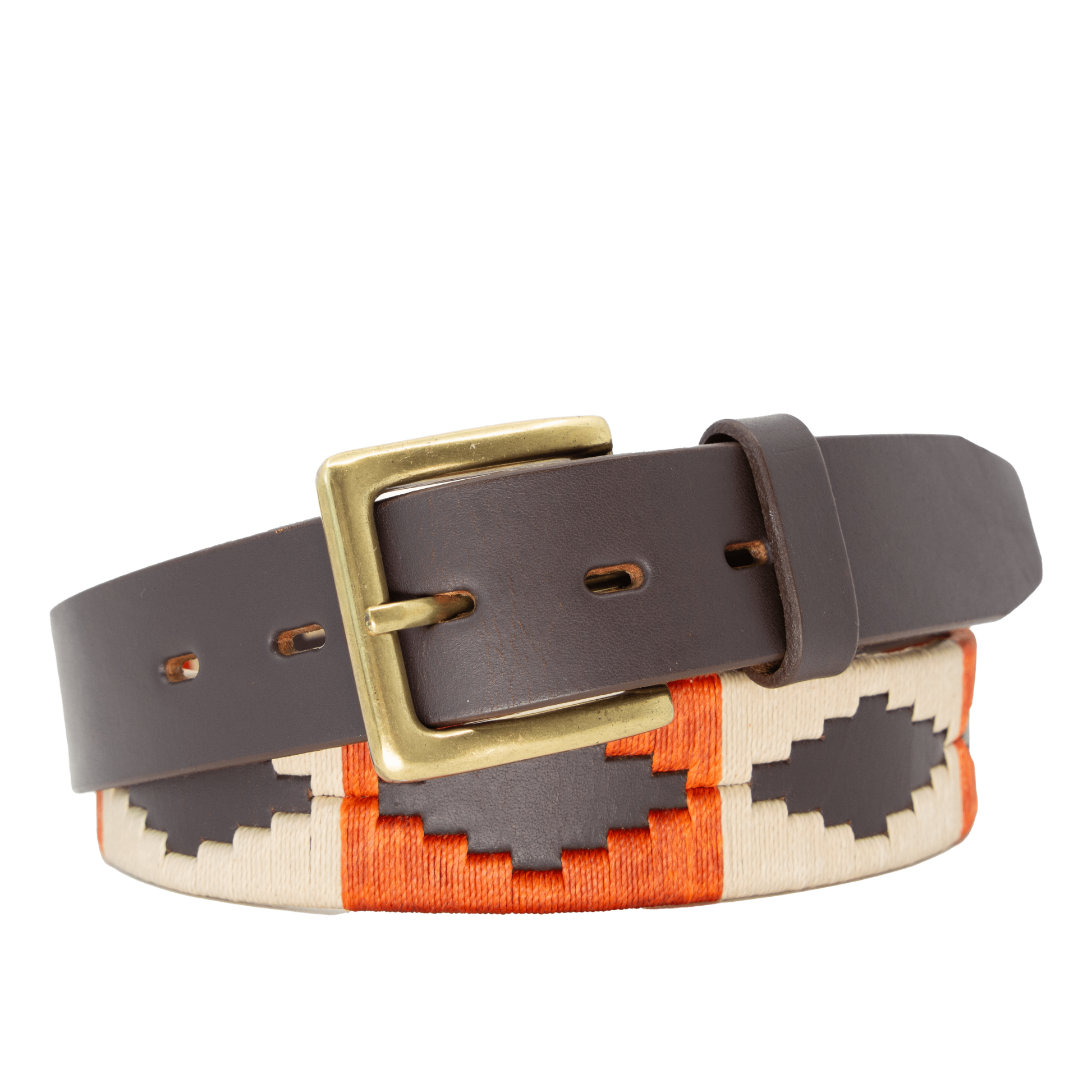 A brown leather belt with a burnt orange and khaki woven geometric pattern and solid brass buckle.