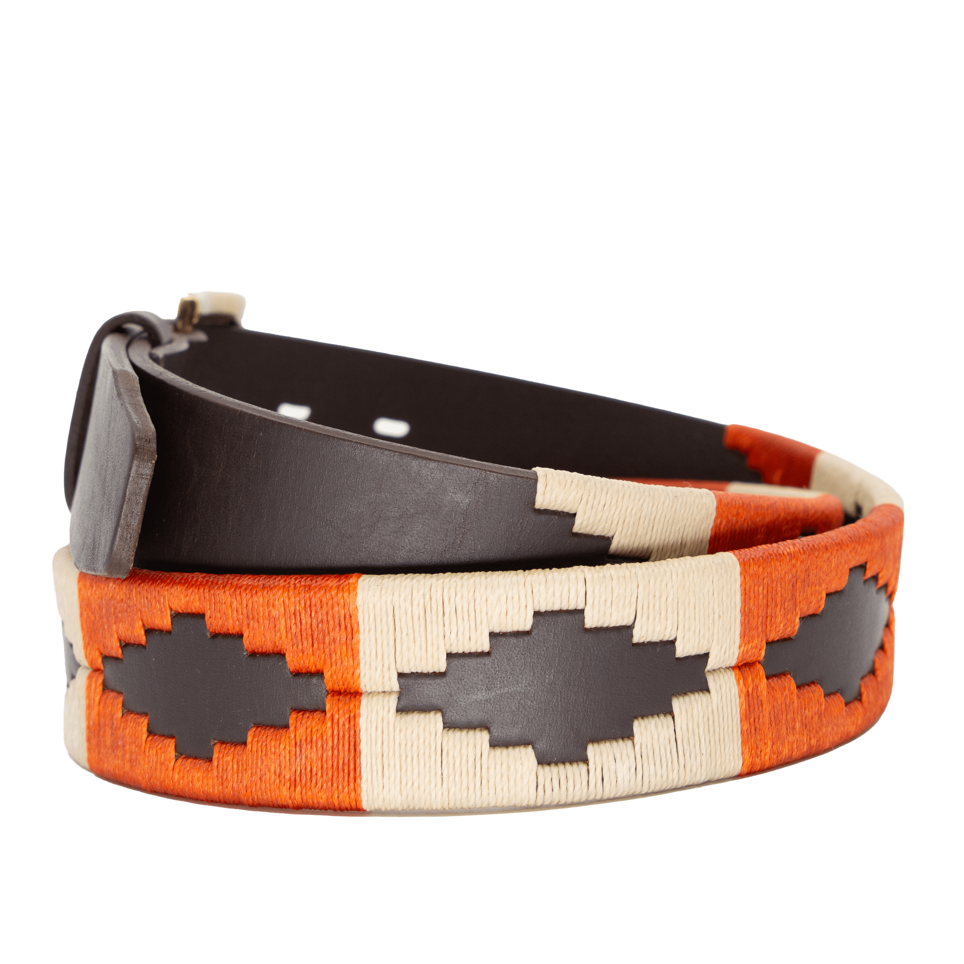 A brown leather belt with a burnt orange and khaki woven geometric pattern and solid brass buckle.