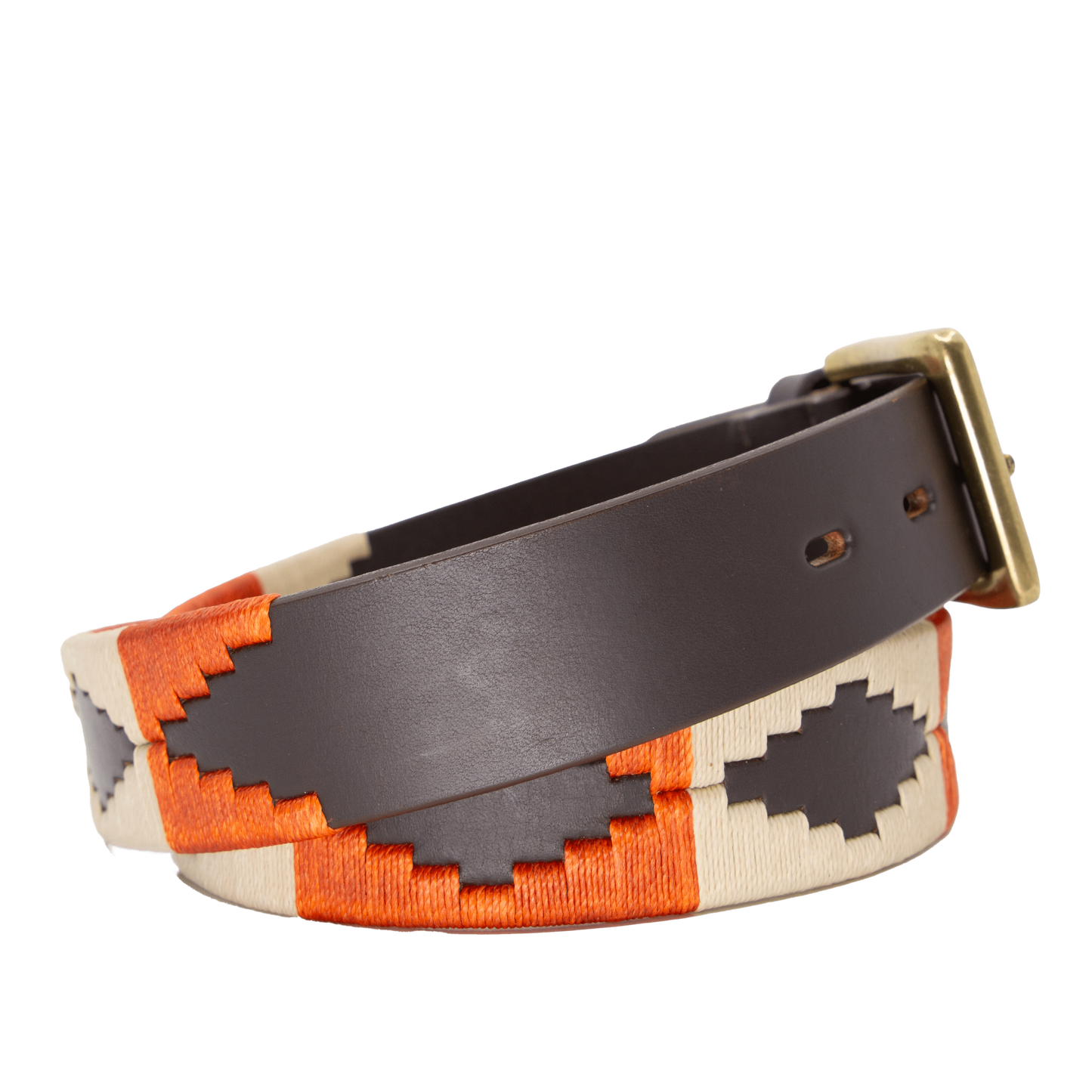 A brown leather belt with a burnt orange and khaki woven geometric pattern and solid brass buckle.