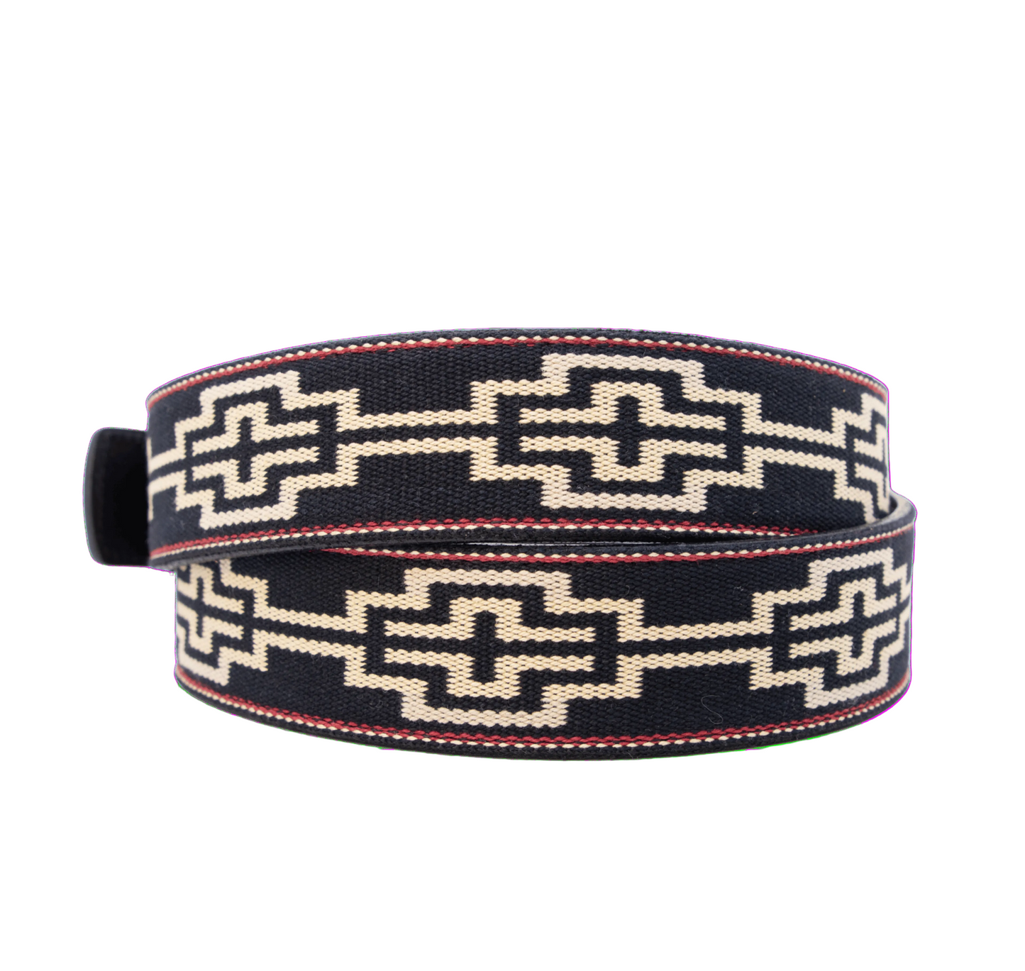 A black leather belt with a black, white, khaki & red woven geometric pattern and nickel-matte solide brass buckle.