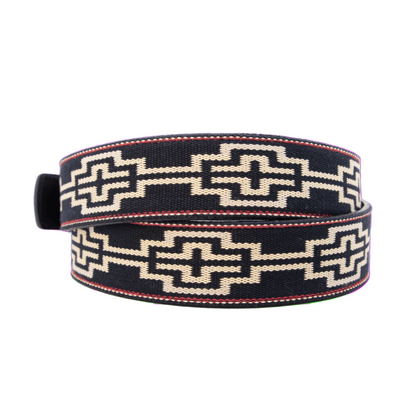 A black leather belt with a black, white, khaki & red woven geometric pattern and nickel-matte solide brass buckle.