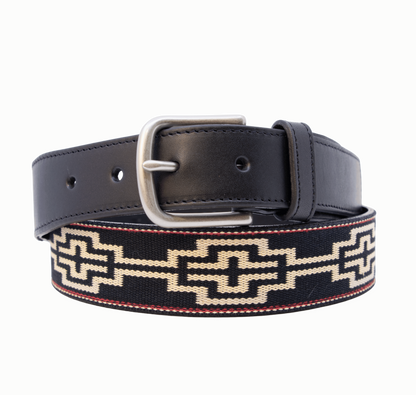 A black leather belt with a black, white, khaki & red woven geometric pattern and nickel-matte solide brass buckle.