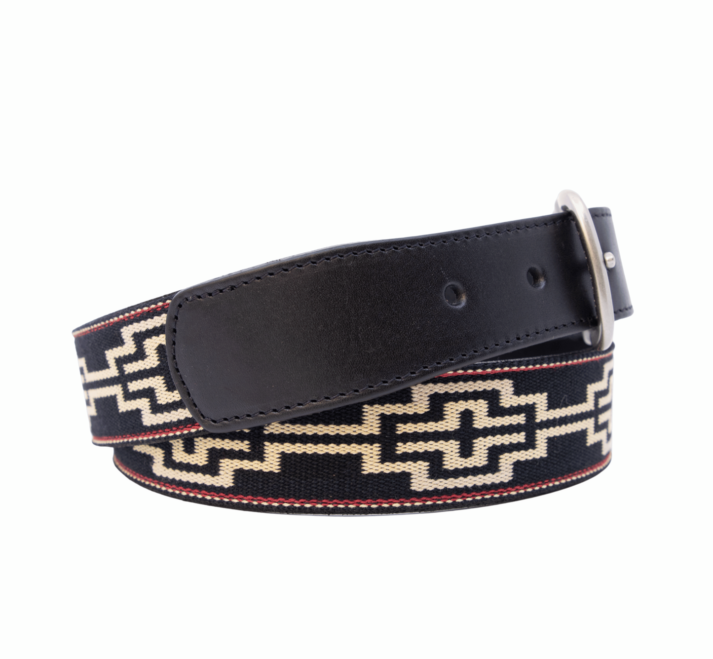 A black leather belt with a black, white, khaki & red woven geometric pattern and nickel-matte solide brass buckle.
