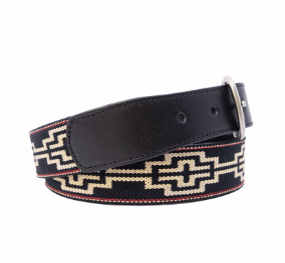 A black leather belt with a black, white, khaki & red woven geometric pattern and nickel-matte solide brass buckle.