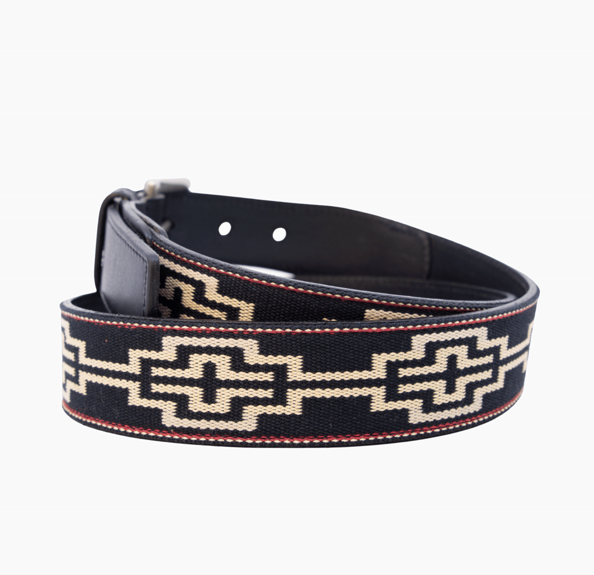 A black leather belt with a black, white, khaki & red woven geometric pattern and nickel-matte solide brass buckle.