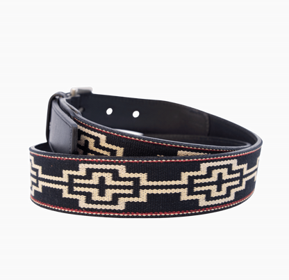 A black leather belt with a black, white, khaki & red woven geometric pattern and nickel-matte solide brass buckle.