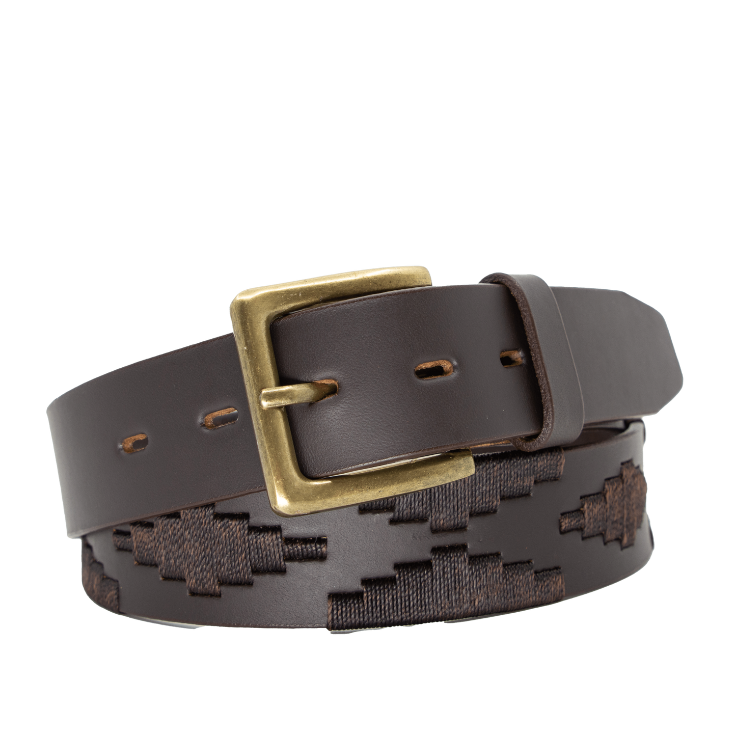 Brown leather belt with a gold buckle and woven geometric pattern.