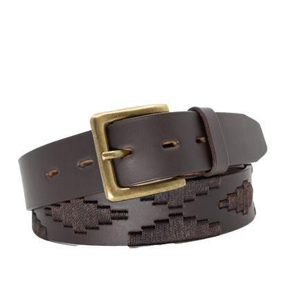 Brown leather belt with a gold buckle and woven geometric pattern.