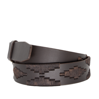 Brown leather belt with a gold buckle and woven geometric pattern.