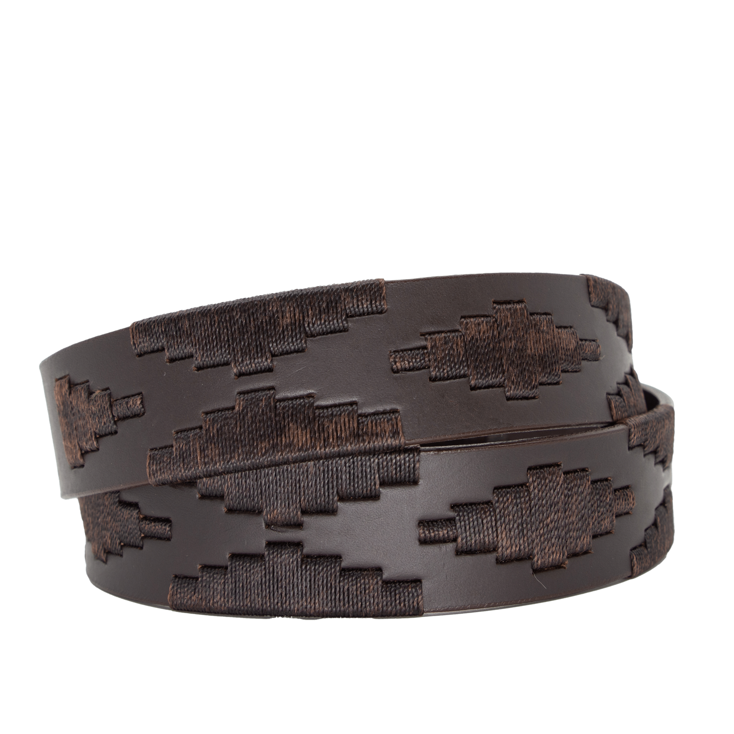 Brown leather belt with a gold buckle and woven geometric pattern.