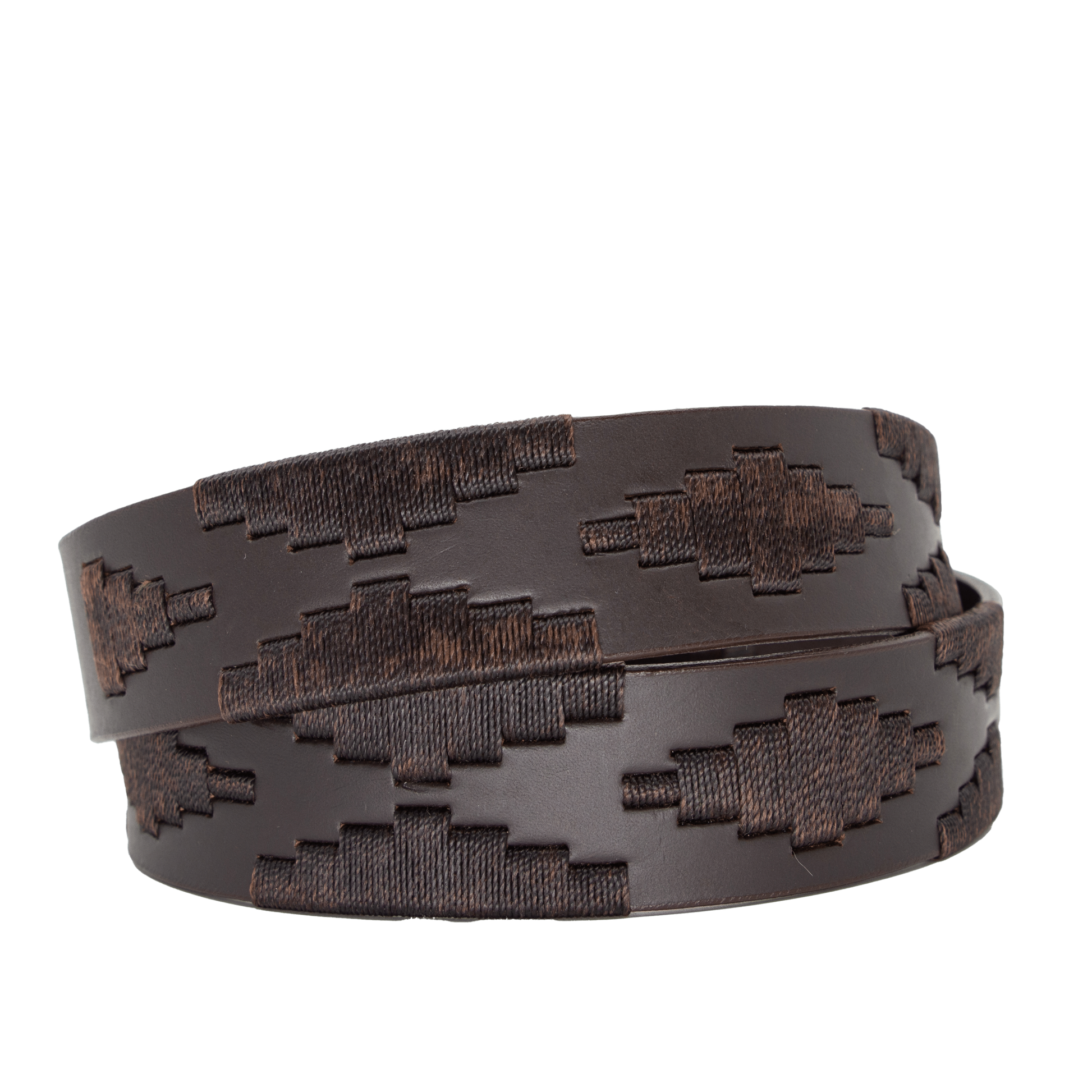 Brown leather belt with a gold buckle and woven geometric pattern.
