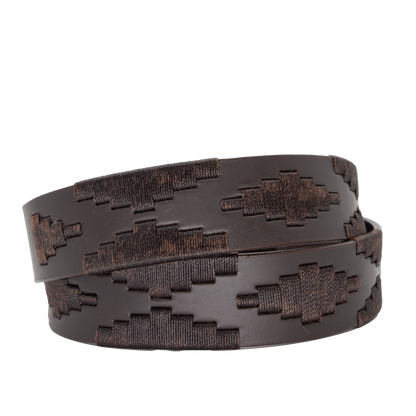 Brown leather belt with a gold buckle and woven geometric pattern.