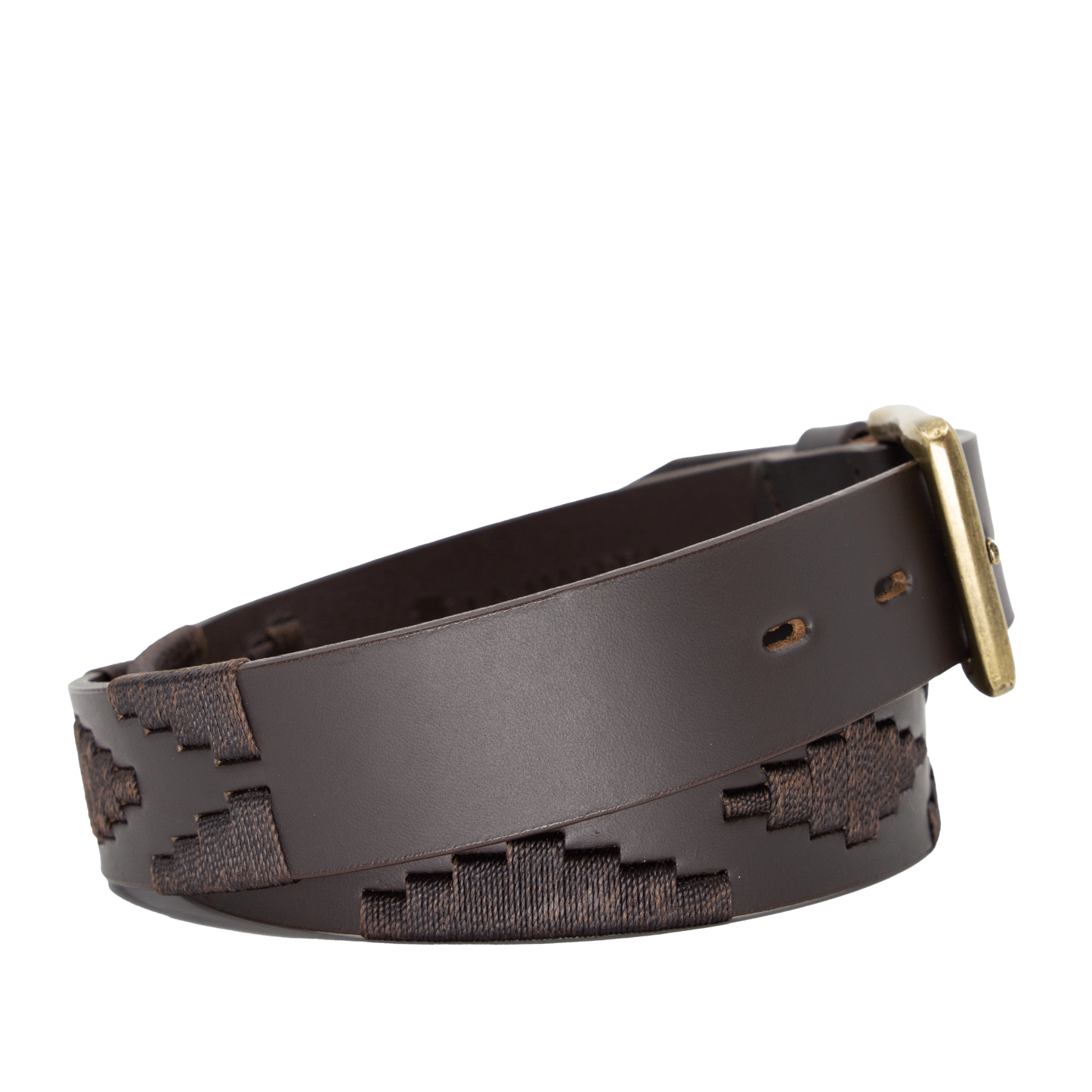 Brown leather belt with a gold buckle and woven geometric pattern.