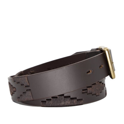 Brown leather belt with a gold buckle and woven geometric pattern.