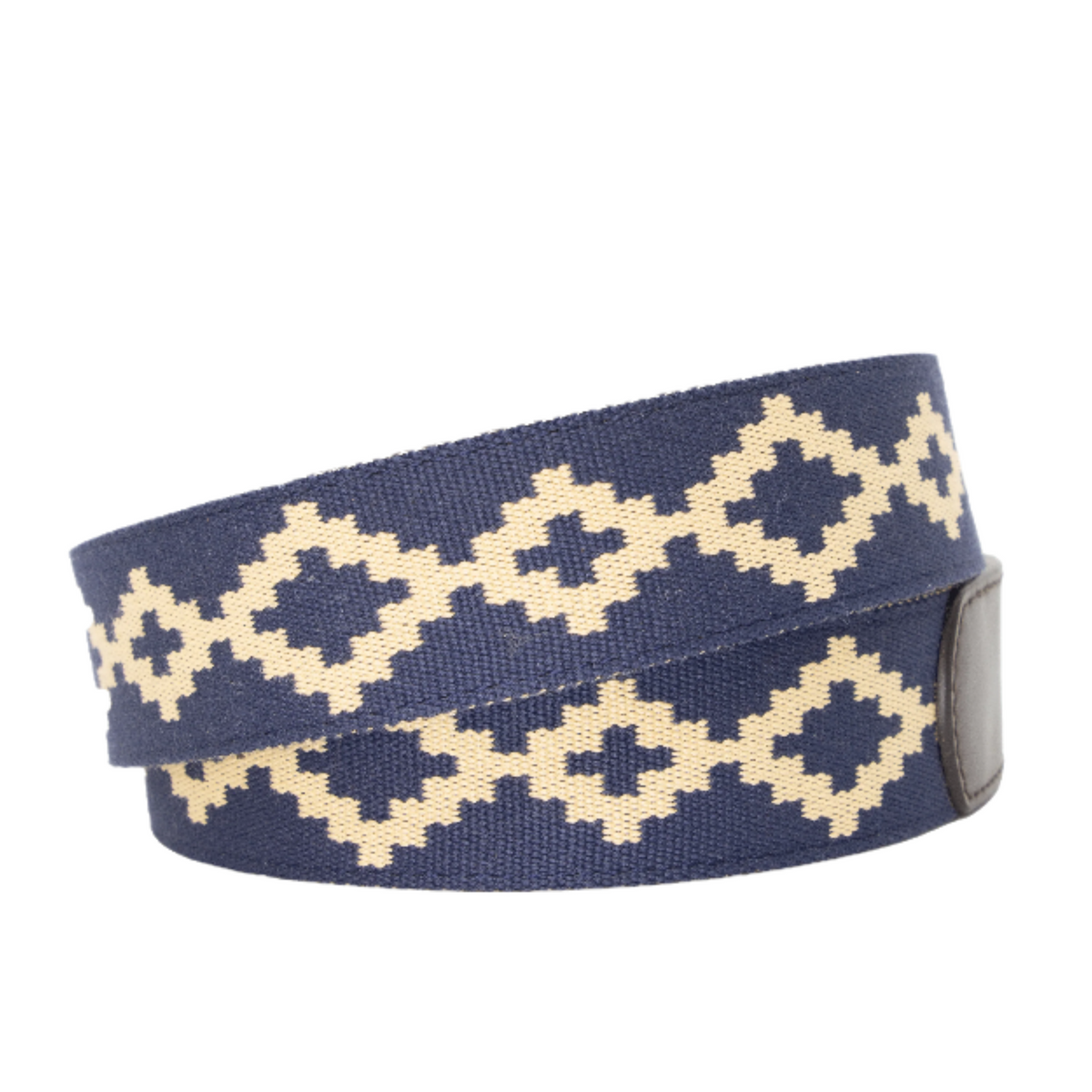Brown leather belt with a navy and beige geometric woven pattern.