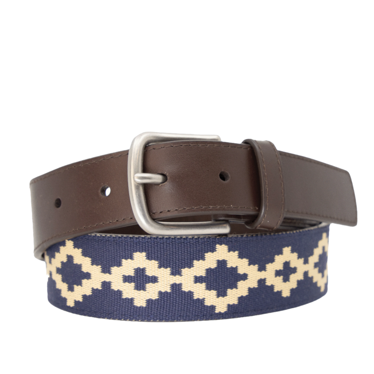 Brown leather belt with a navy and beige geometric woven pattern.