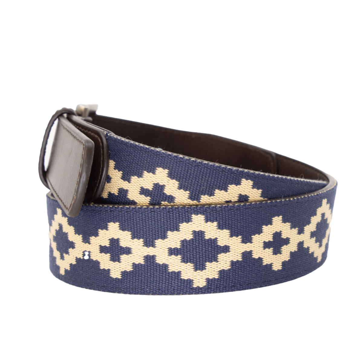 Brown leather belt with a navy and beige geometric woven pattern.