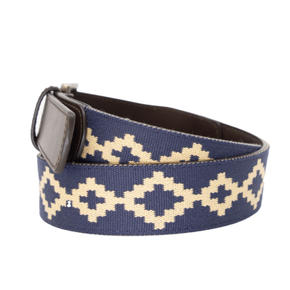 Brown leather belt with a navy and beige geometric woven pattern.