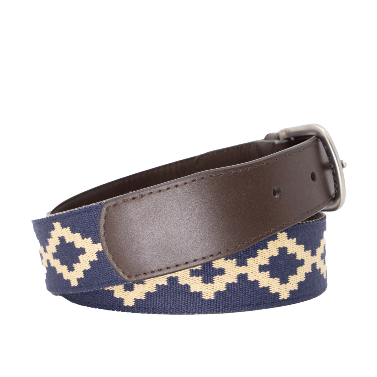 Brown leather belt with a navy and beige geometric woven pattern.