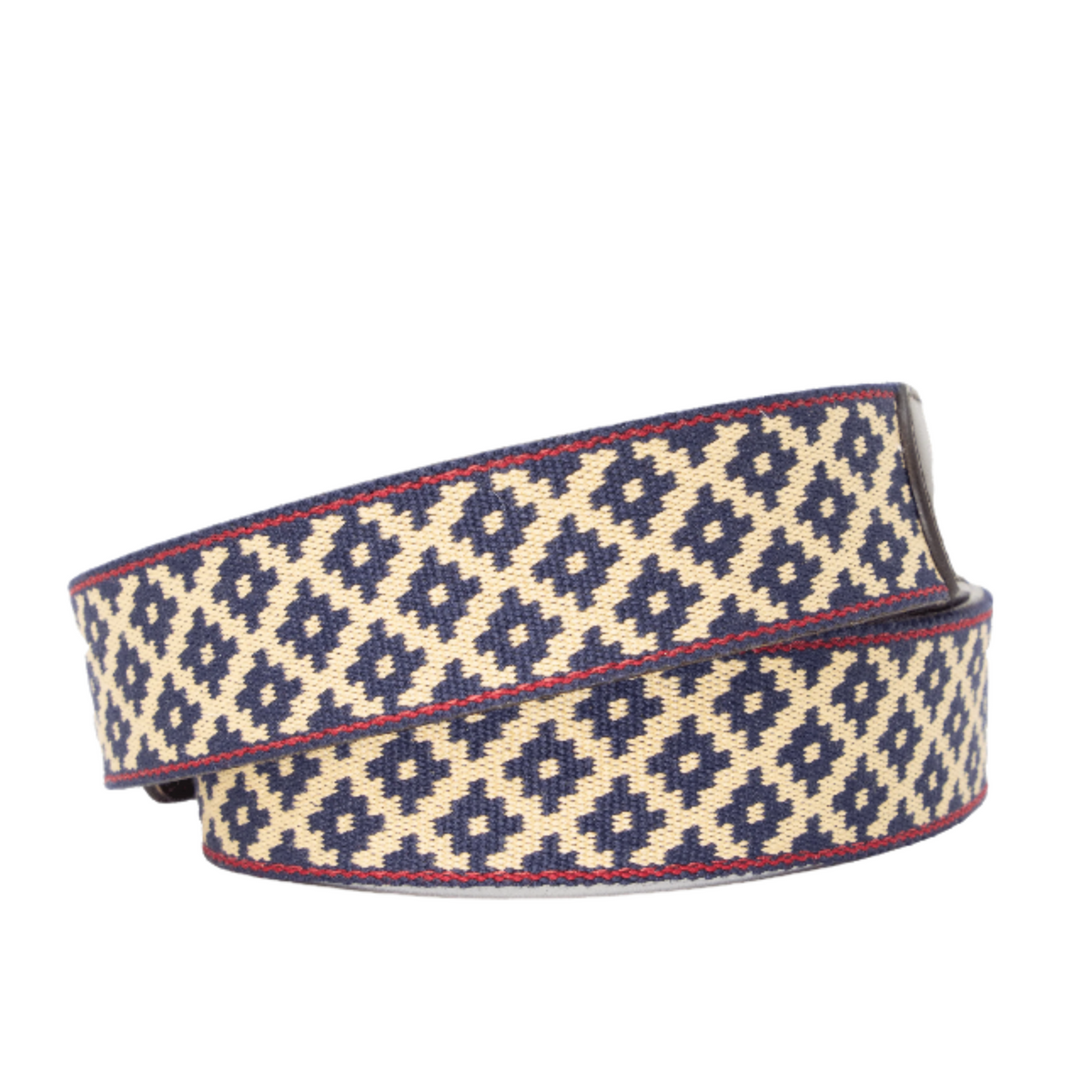 A dark brown leather belt featuring a navy blue and beige geometric woven pattern with red stitching.