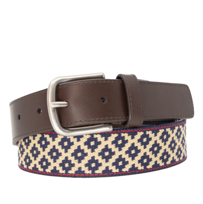 A dark brown leather belt featuring a navy blue and beige geometric woven pattern with red stitching.