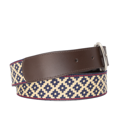 A dark brown leather belt featuring a navy blue and beige geometric woven pattern with red stitching.
