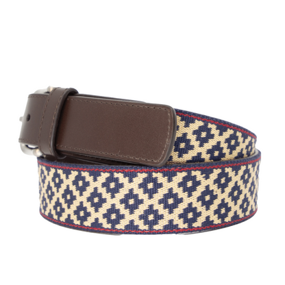 A dark brown leather belt featuring a navy blue and beige geometric woven pattern with red stitching.