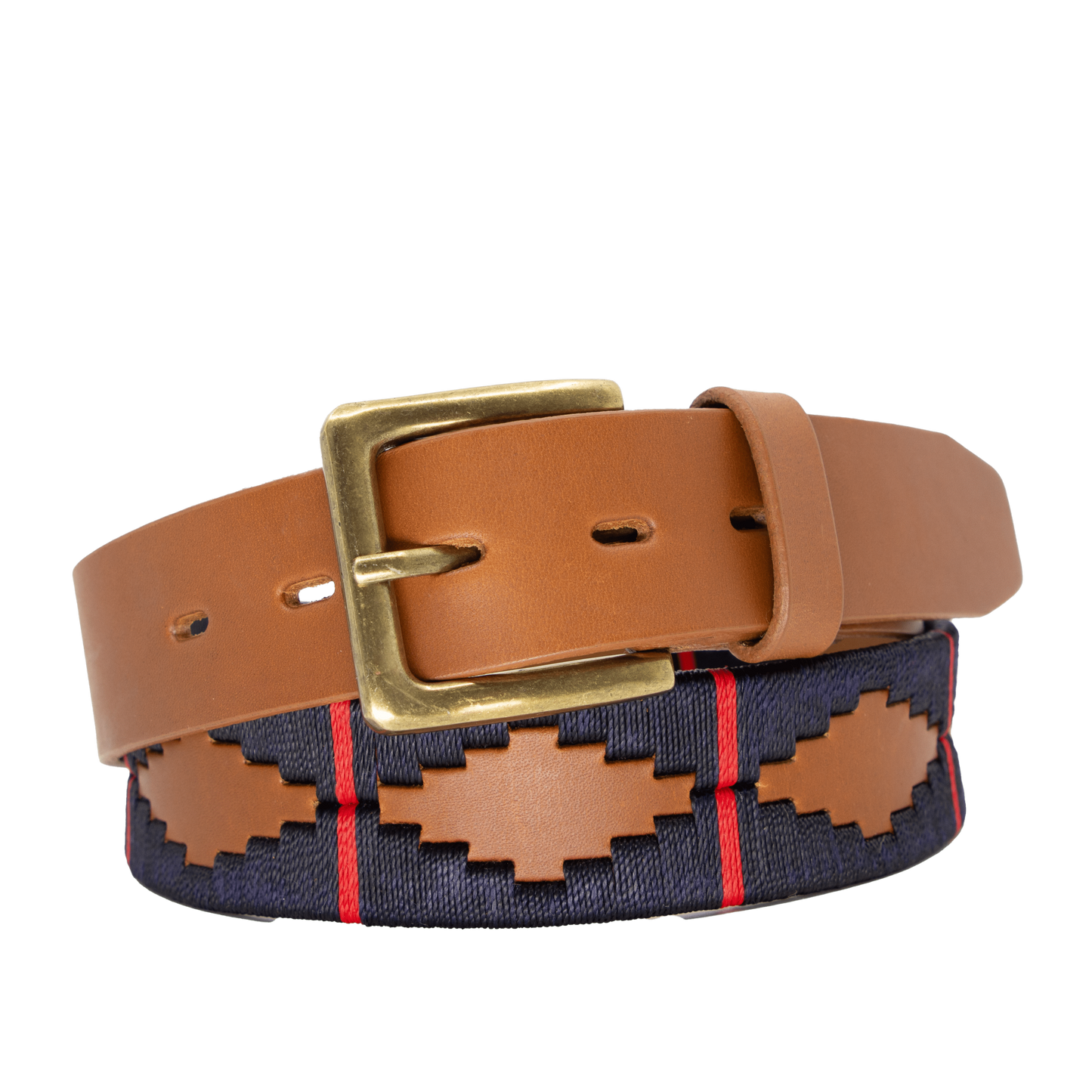A brown leather belt with a red and deep navy woven geometric pattern and solid brass buckle.