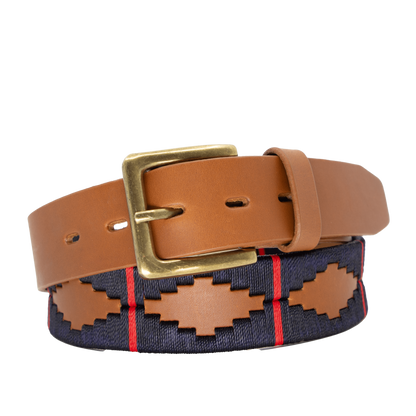 A brown leather belt with a red and deep navy woven geometric pattern and solid brass buckle.