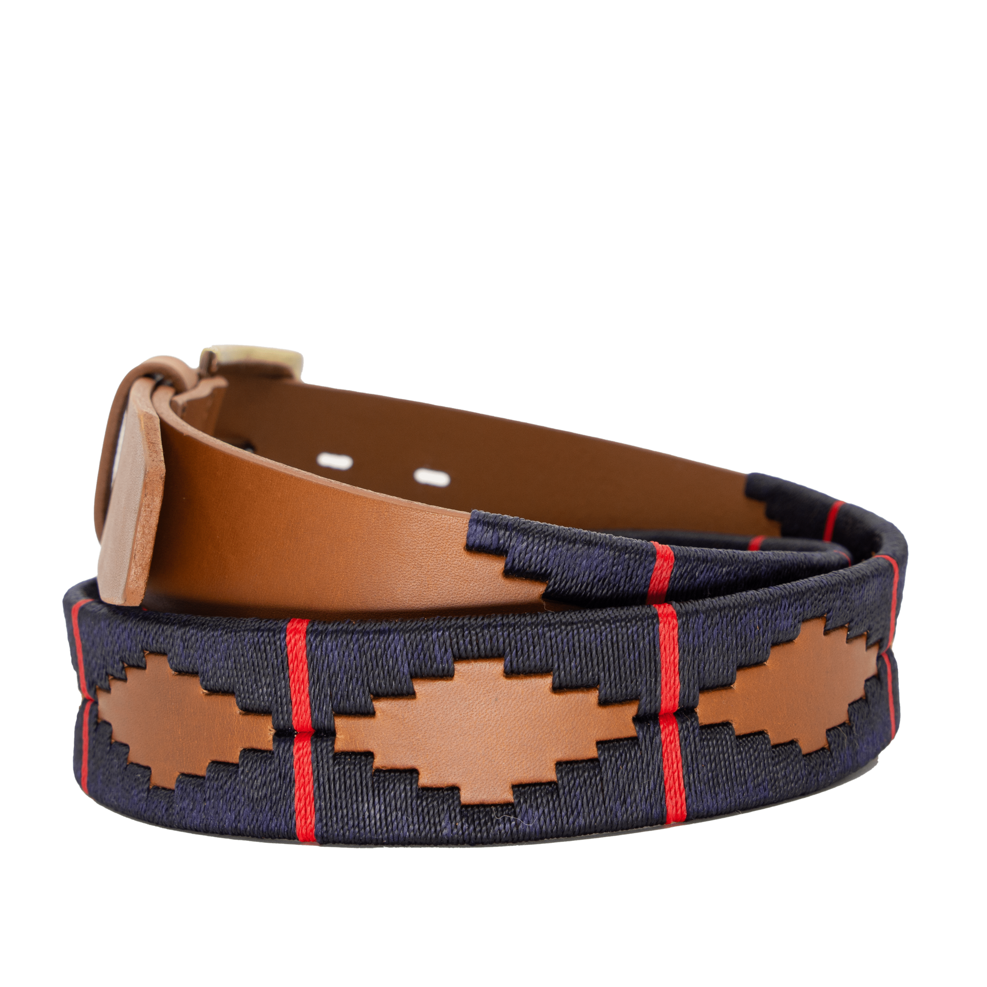 A brown leather belt with a red and deep navy woven geometric pattern and solid brass buckle.