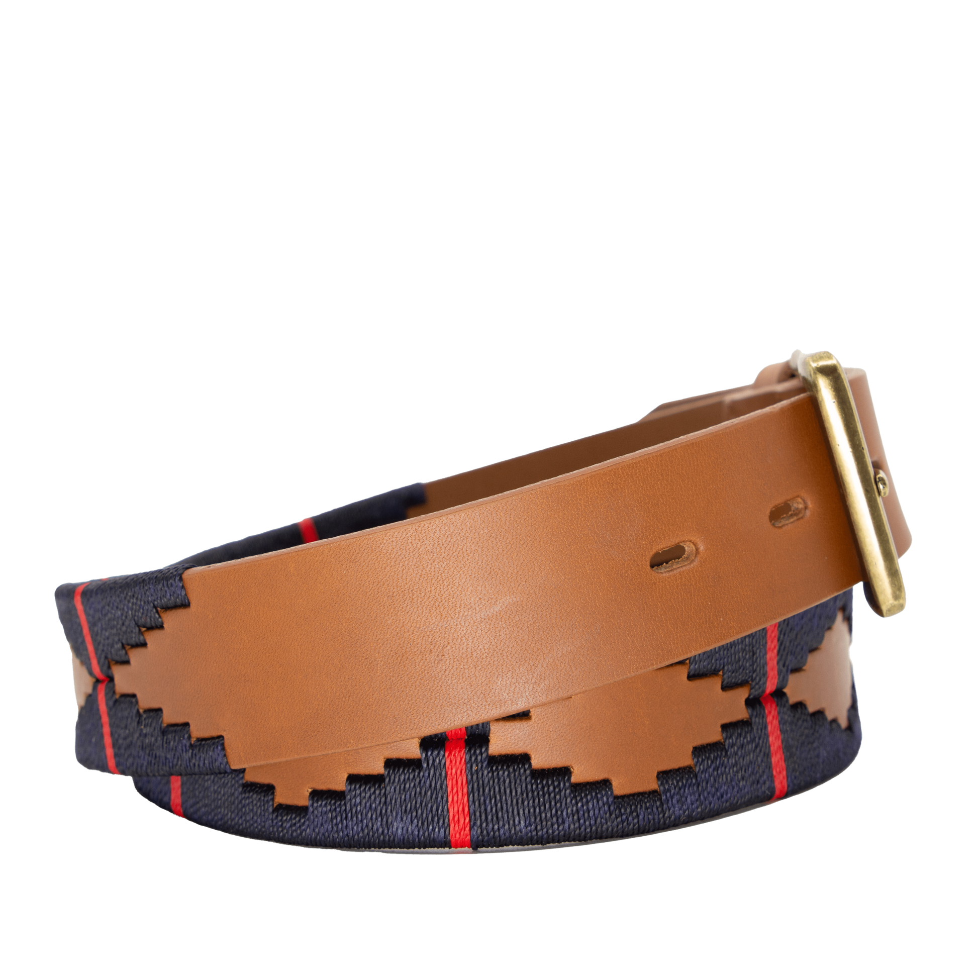 A brown leather belt with a red and deep navy woven geometric pattern and solid brass buckle.