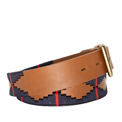 A brown leather belt with a red and deep navy woven geometric pattern and solid brass buckle.