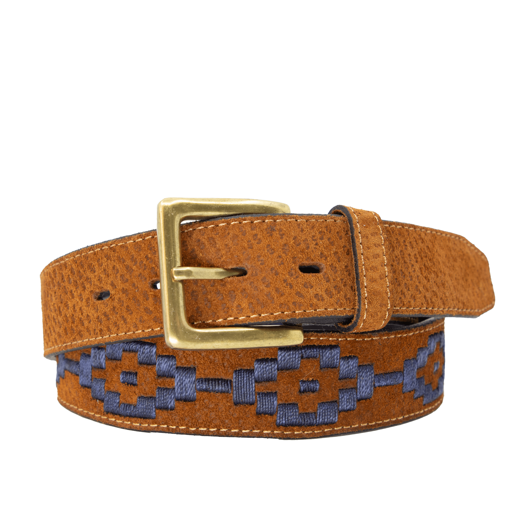 A tan leather belt with a navy woven geometric pattern and solid brass buckle.